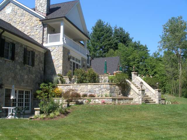 Landscape design project in Northeast Ohio, near Cleveland, showing main terrace and walls.